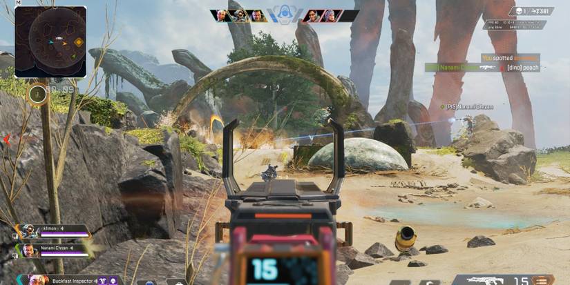 Gibraltar and Pathfinder fight near the Leviathan eggs on the Arenas map Habitat in Apex Legends