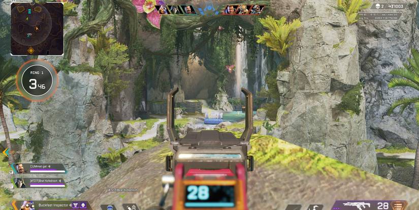 Octane aims down sights with the R301 rifle on top a large boulder on the Apex Legends map Habitat