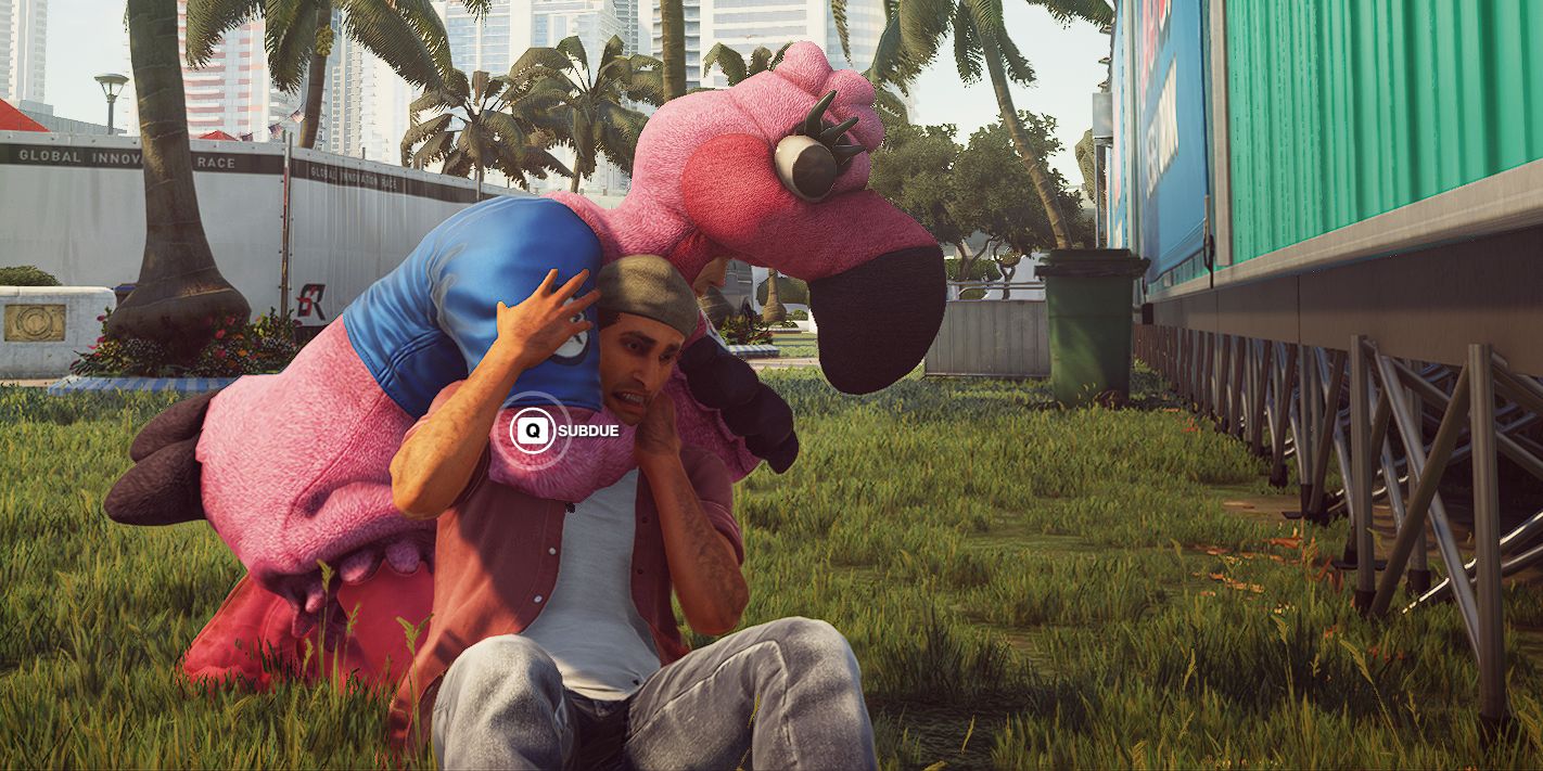 Agent 47 wearing the Flamingo mascot disguise subdues a man with a chokehold
