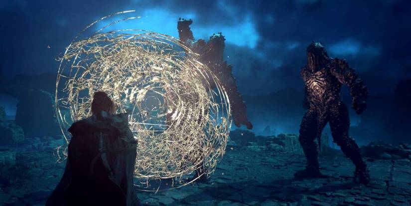 Forspoken protagonist Frey Holland conjuring a magical shield to protect herself from two enemies