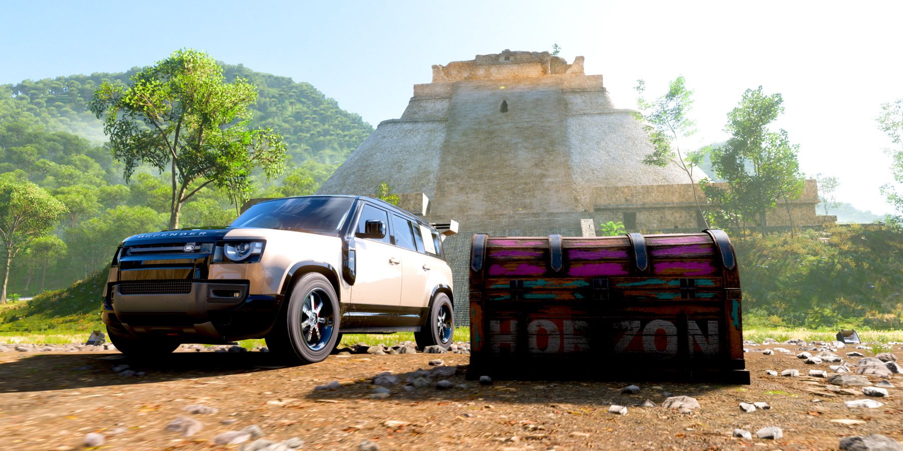 Defender 110 X Landrover in front of Treasure Chest in Forza Horizon 5