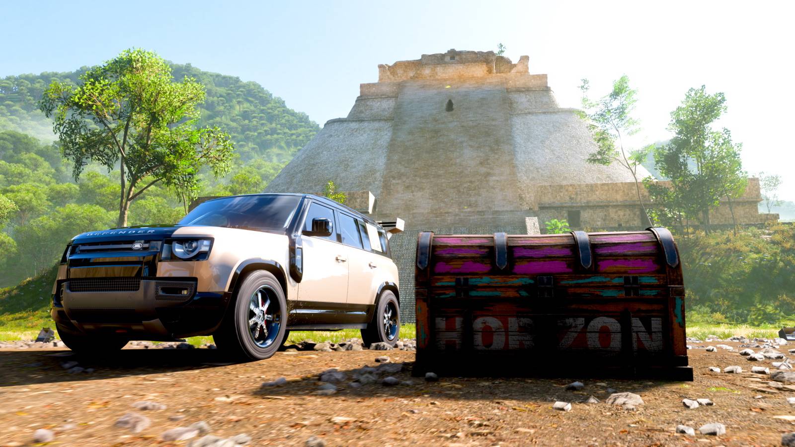 Defender 110 X Landrover in front of Treasure Chest in Forza Horizon 5