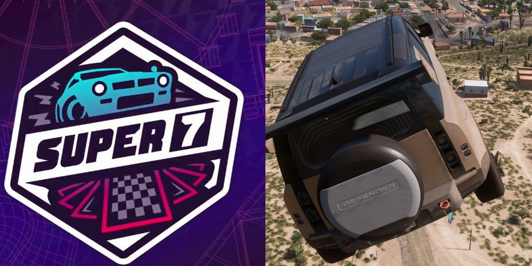 Forza Horizon 5 Super 7 Challenge logo and Defender Land Rover