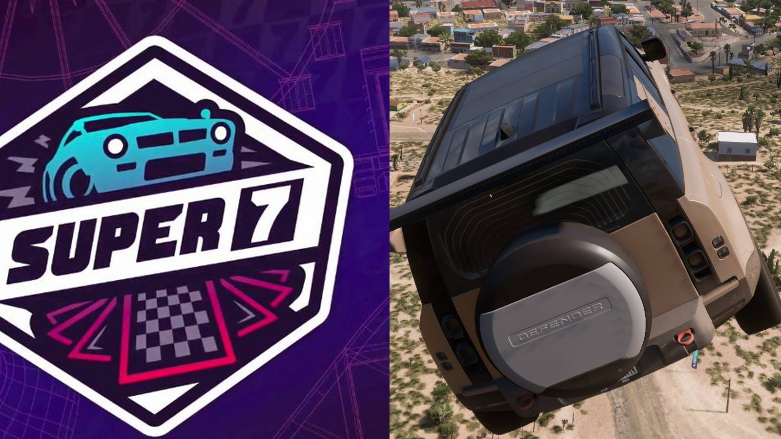 Forza Horizon 5 Super 7 Challenge logo and Defender Land Rover