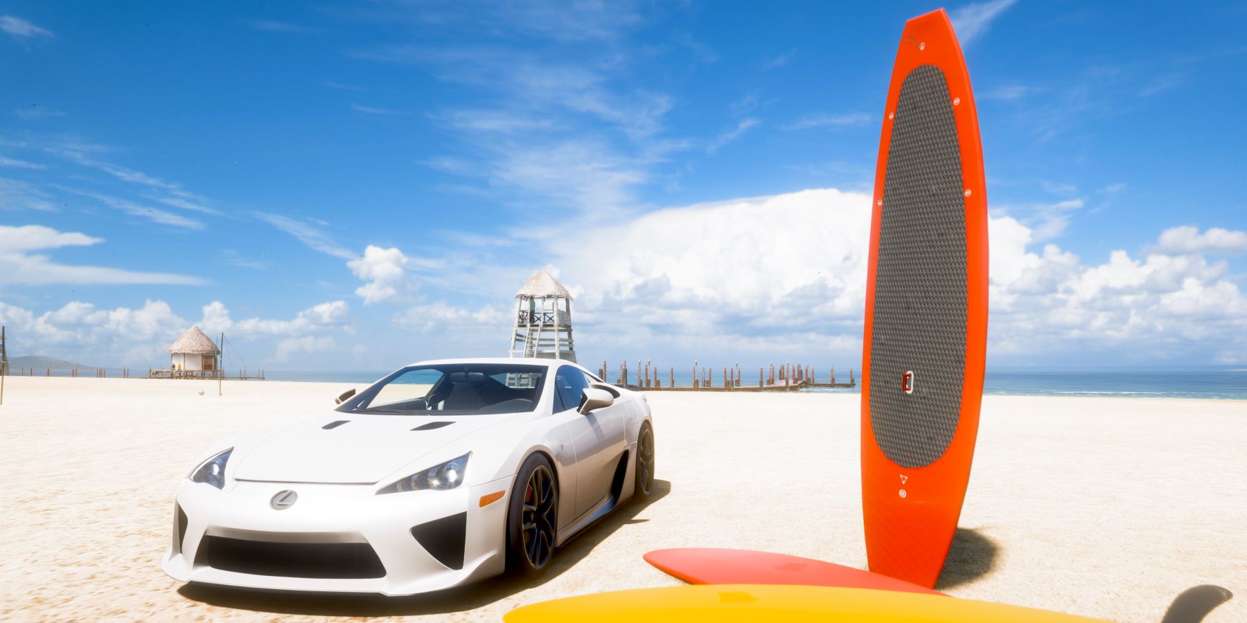 Forza Horizon 5 210 Lexus LFA in front of surfboard by the beach
