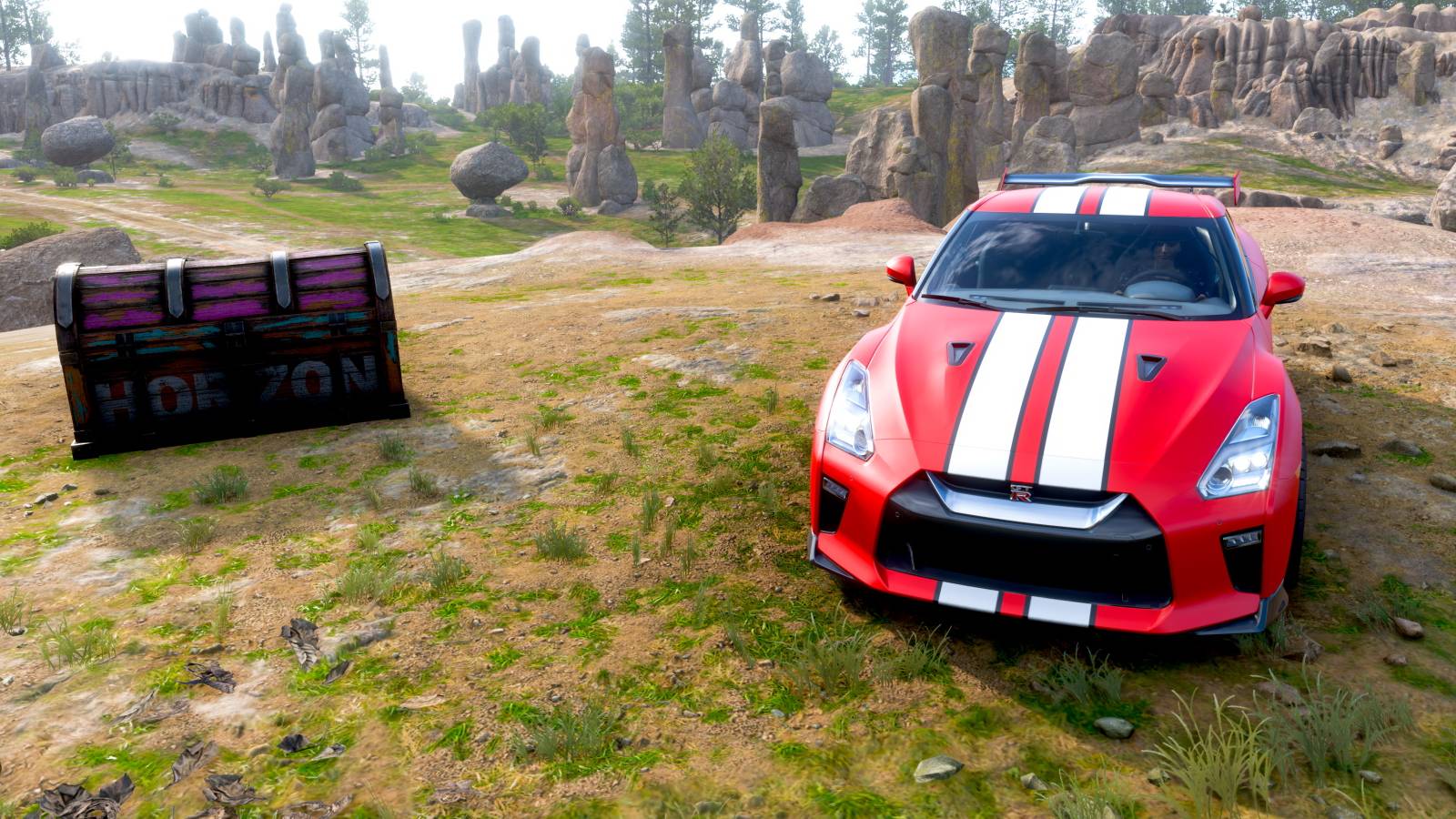 Forza Horizon 5 GT-R 2017 in front of Lucky Skills Treasure Chest in Autumn Series 3