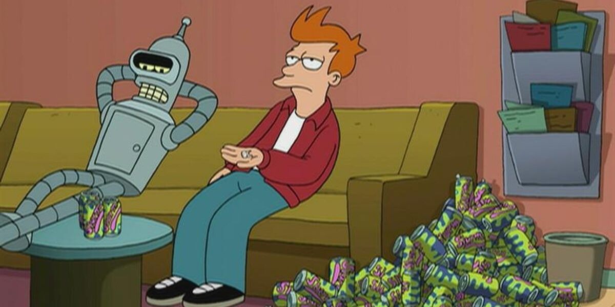 Fry drinking Slurm with Bender