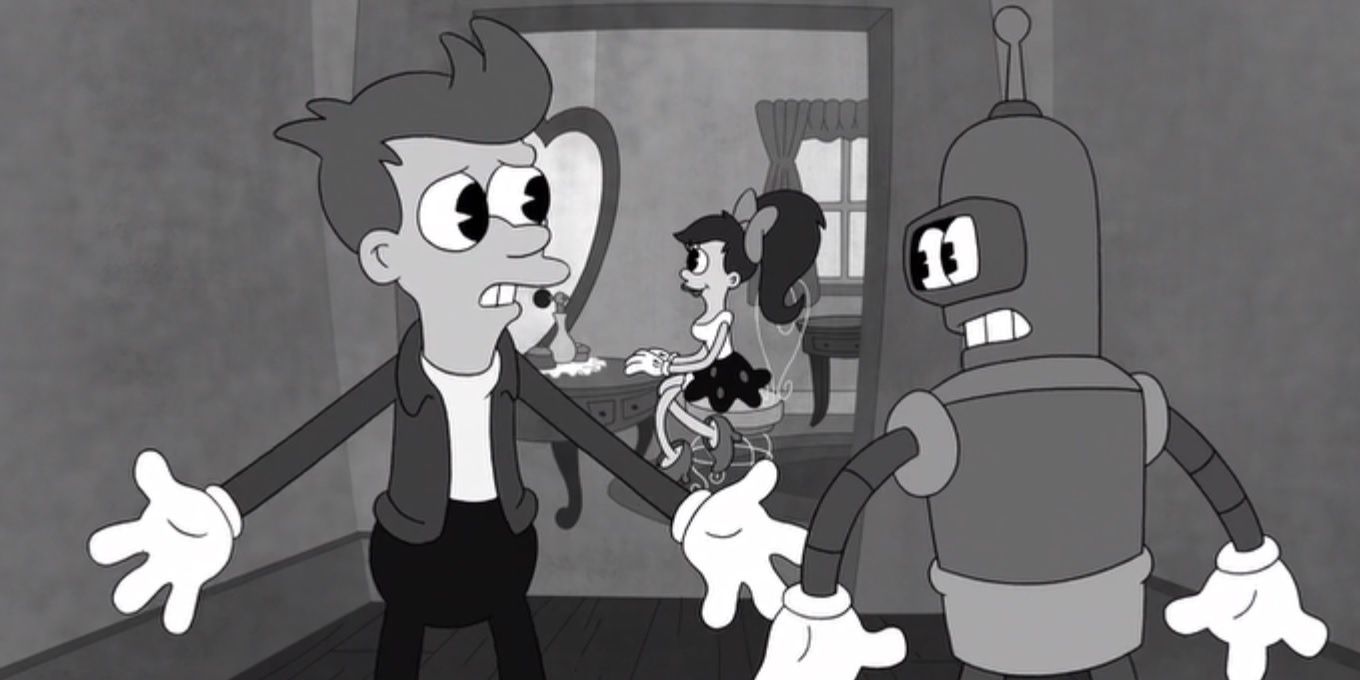 Fry, Leela & Bender in old-timey animation style