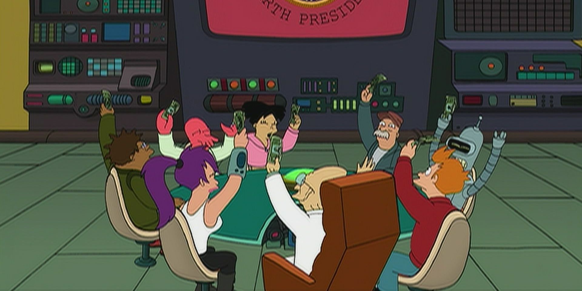 Planet Express crew celebrating with their money