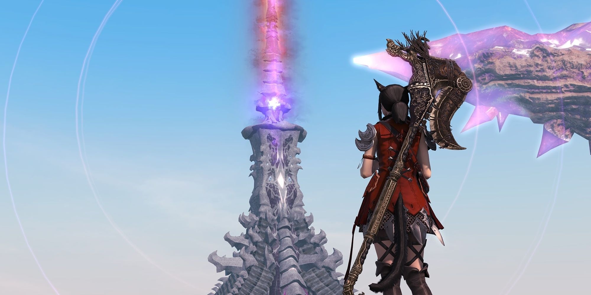 Final Fantasy 14 mod A Miqo'te looks out at the Tower of Zot while preparing to enter it.