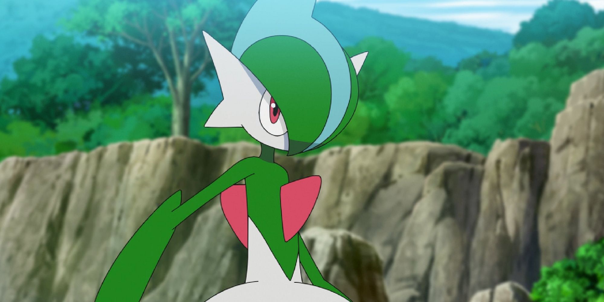 Gallade standing intimidatingly in the Pokemon anime