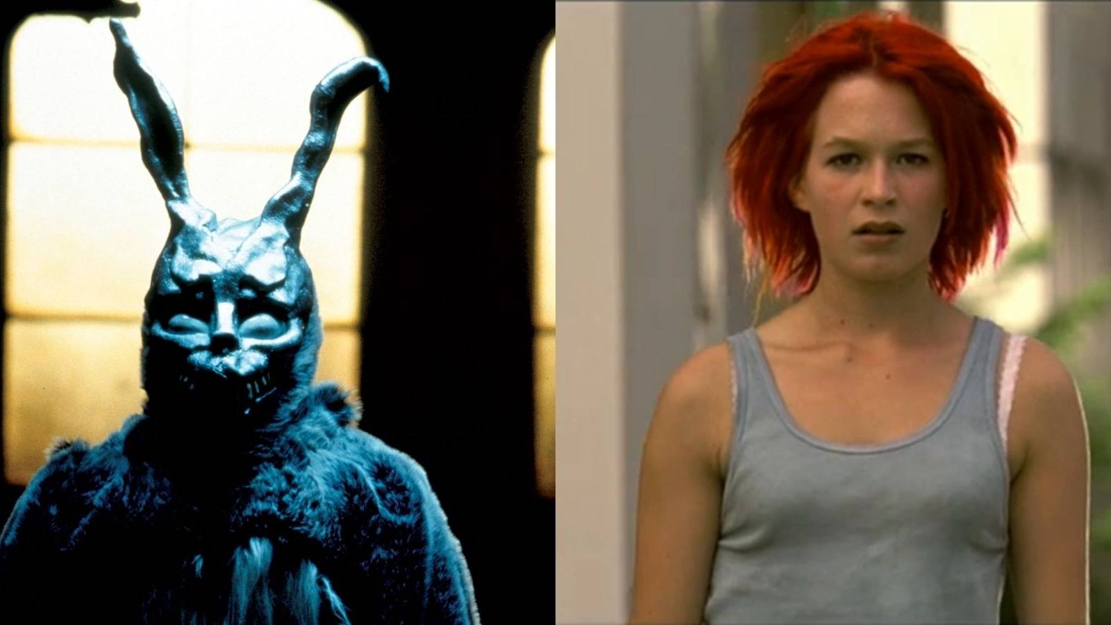 Frank the bunny from Donnie Darko alongside Lola from Lola Rennt