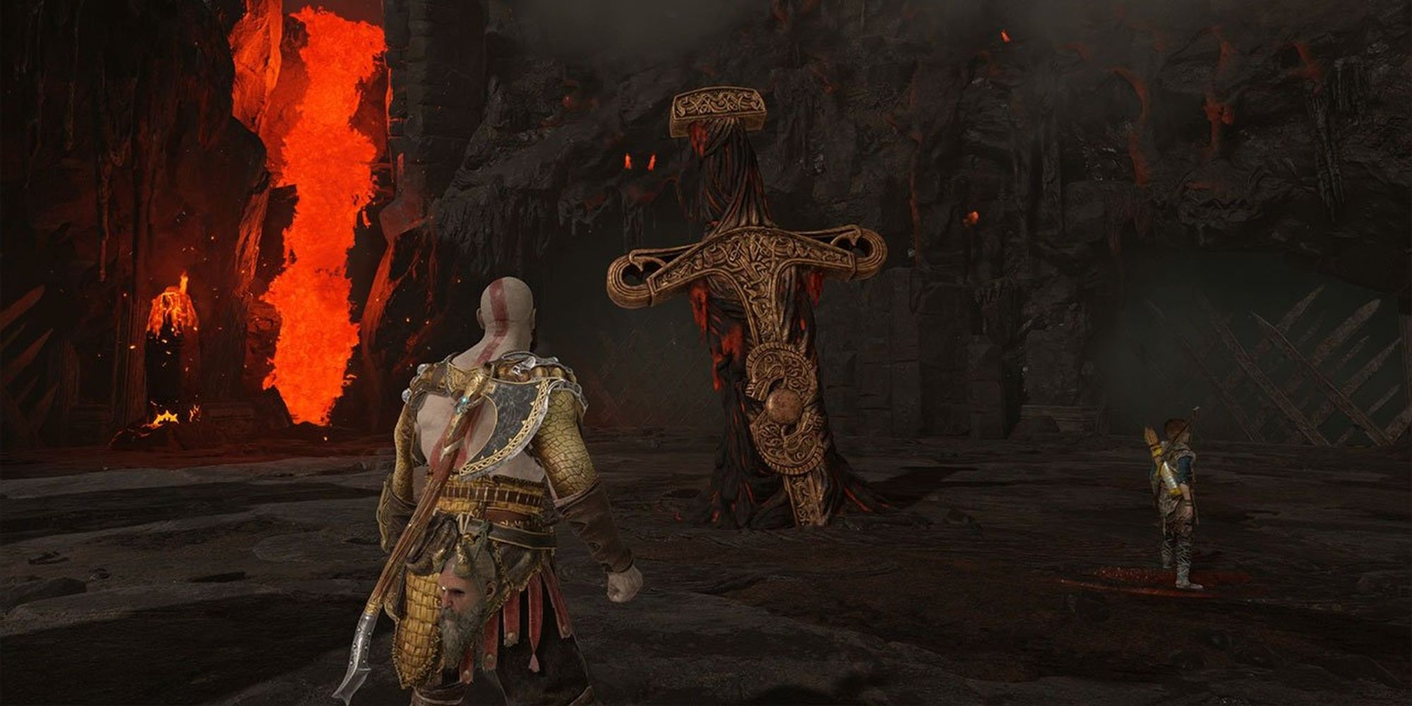 God of War Kratos and Atreus Standing Around A Giant Sword In Muspelheim Cropped