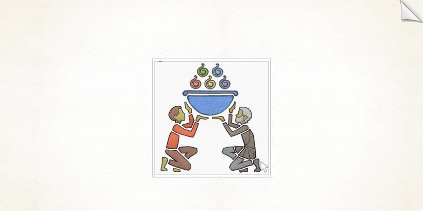 Gorogoa - Remeber the Color of the 5 Fruits - The Boy and the Bearded Man hold up the 5 fruits