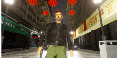 Claude Speed walking down a street in Grand Theft Auto 3