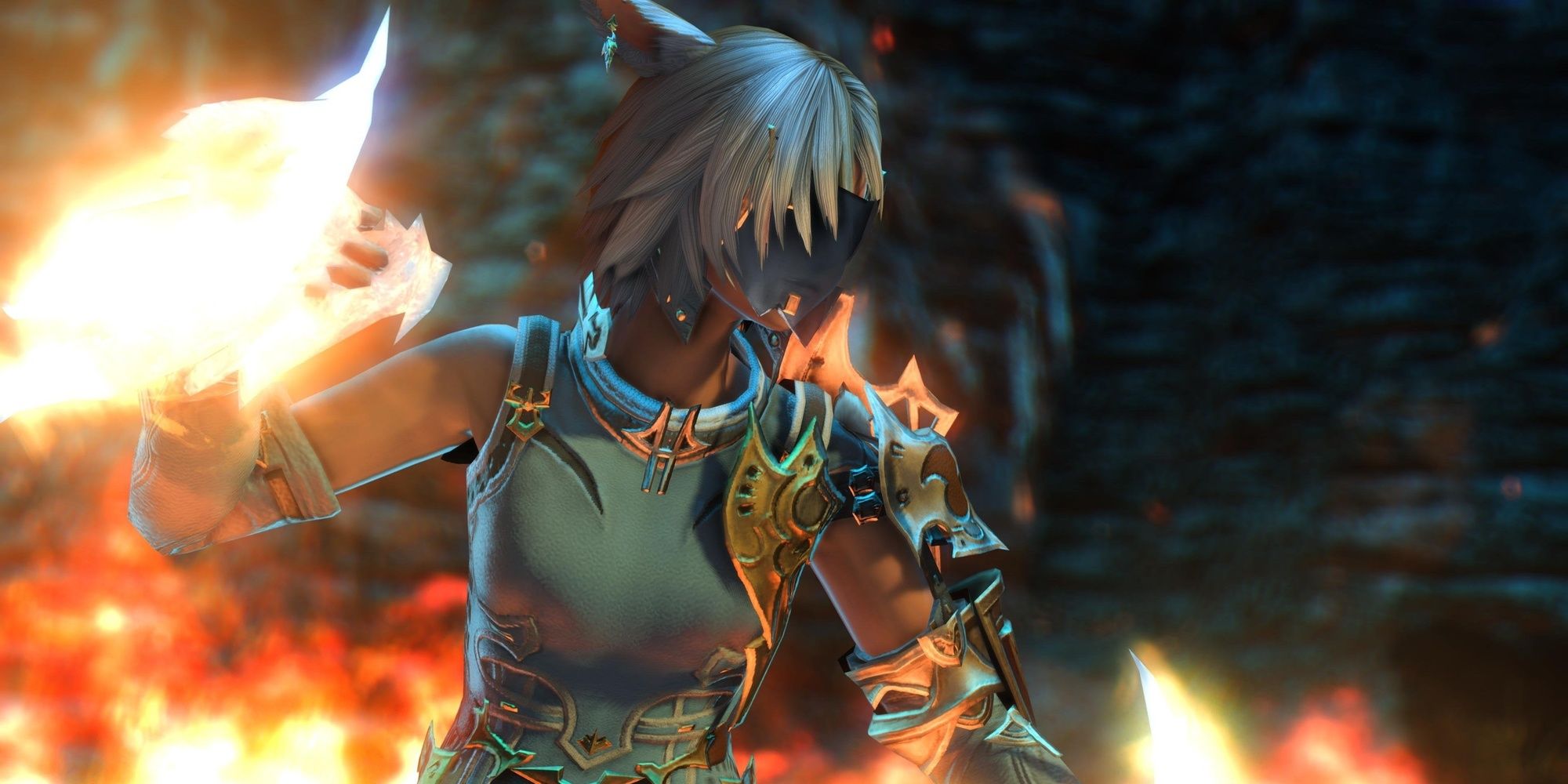 A female Miqo'te monk is preparing to battle Ifrit in Final Fantasy 14.