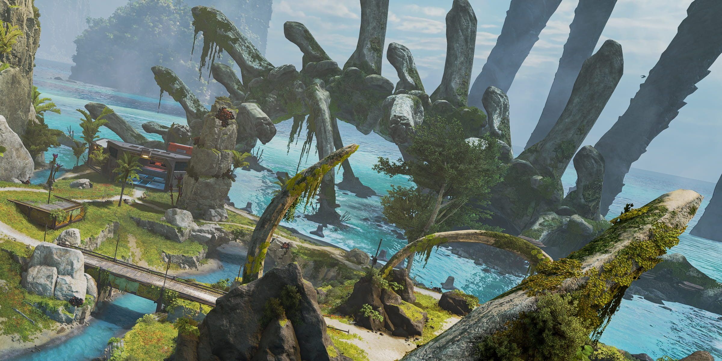 Aerial view of the map Habitat in Apex Legends. A Leviathan skeleton is in the background