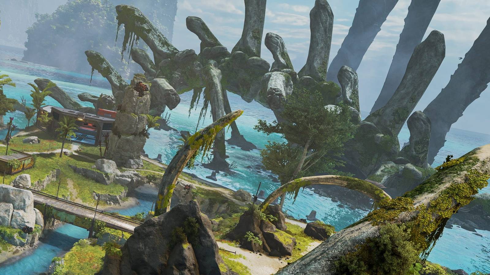 Aerial view of the map Habitat in Apex Legends. A Leviathan skeleton is in the background