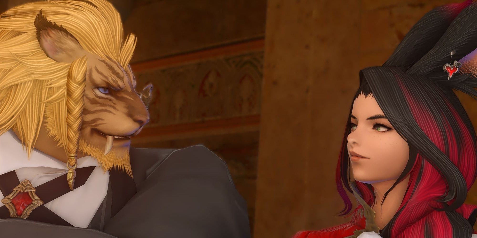 A Hrothgar looks bemused while looking at a Viera in Final Fantasy 14 mod.