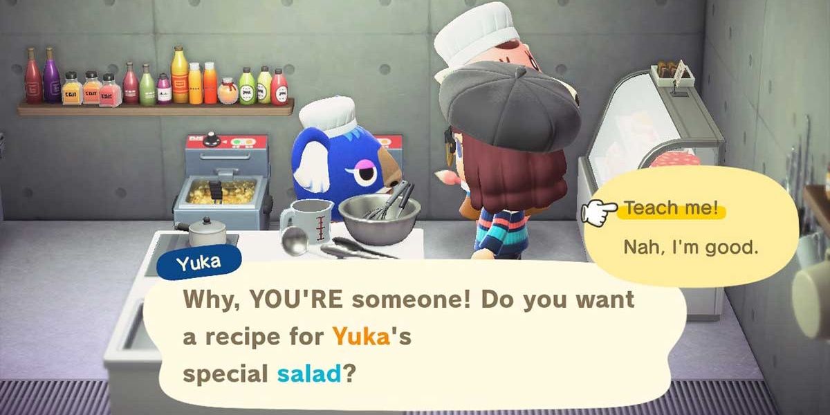 Шеф-повар Юка предлагает игроку рецепт салата своими руками в Animal Crossing Happy Home Paradise