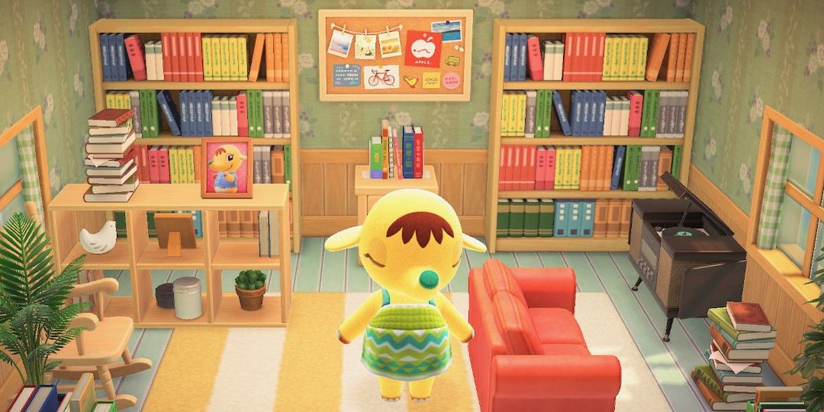 Eloise in her book-filled home in Animal Crossing Happy Home Paradise