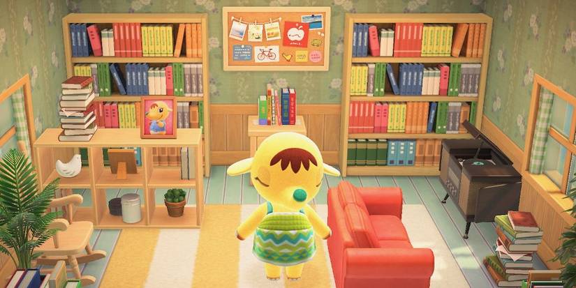 Eloise in her book-filled home in Animal Crossing Happy Home Paradise