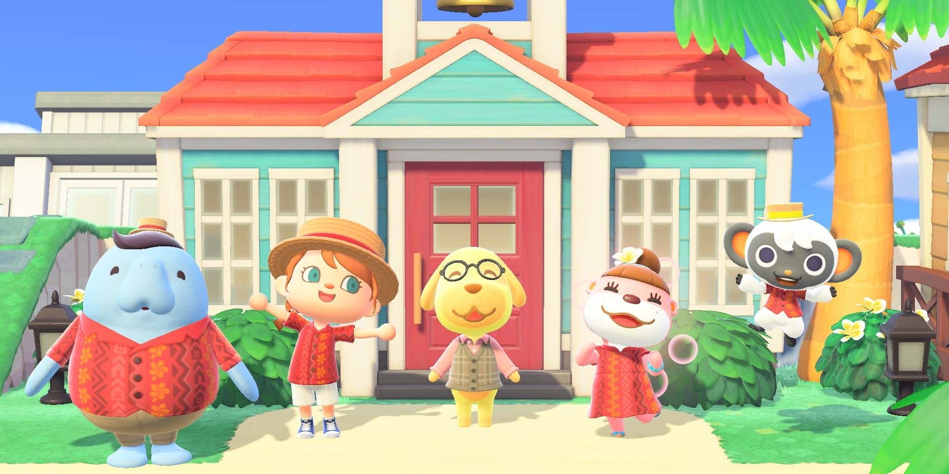 A ceremony being held in front of the school in Animal Crossing Happy Home Paradise