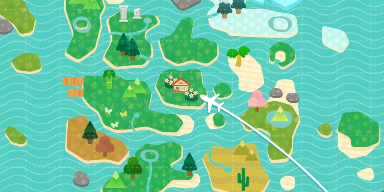 The player flying in and a view of the map in Animal Crossing Happy Home Paradise