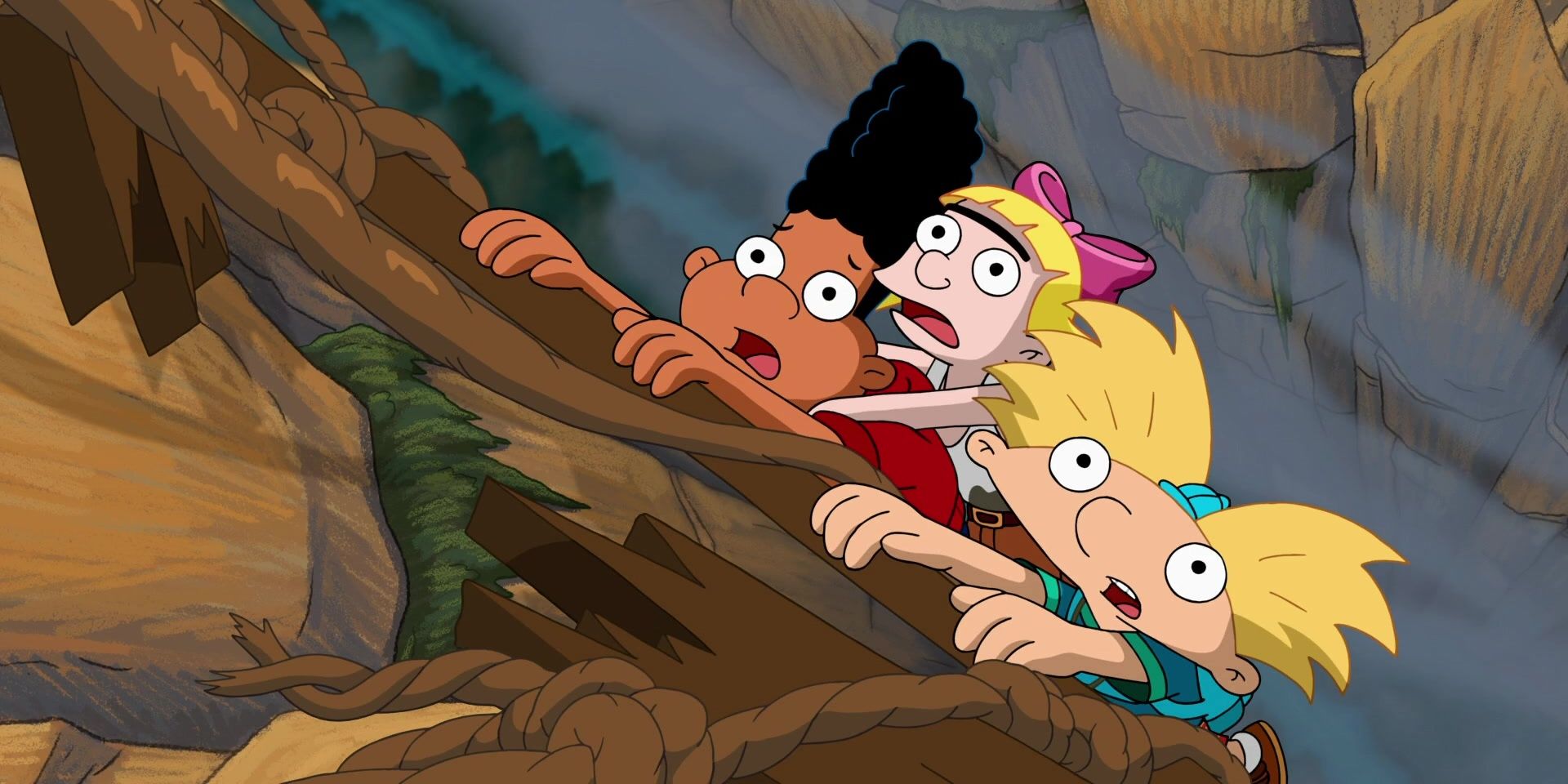 Arnold, Gerald, and Helga hang onto a vine as they dangle over a cliff