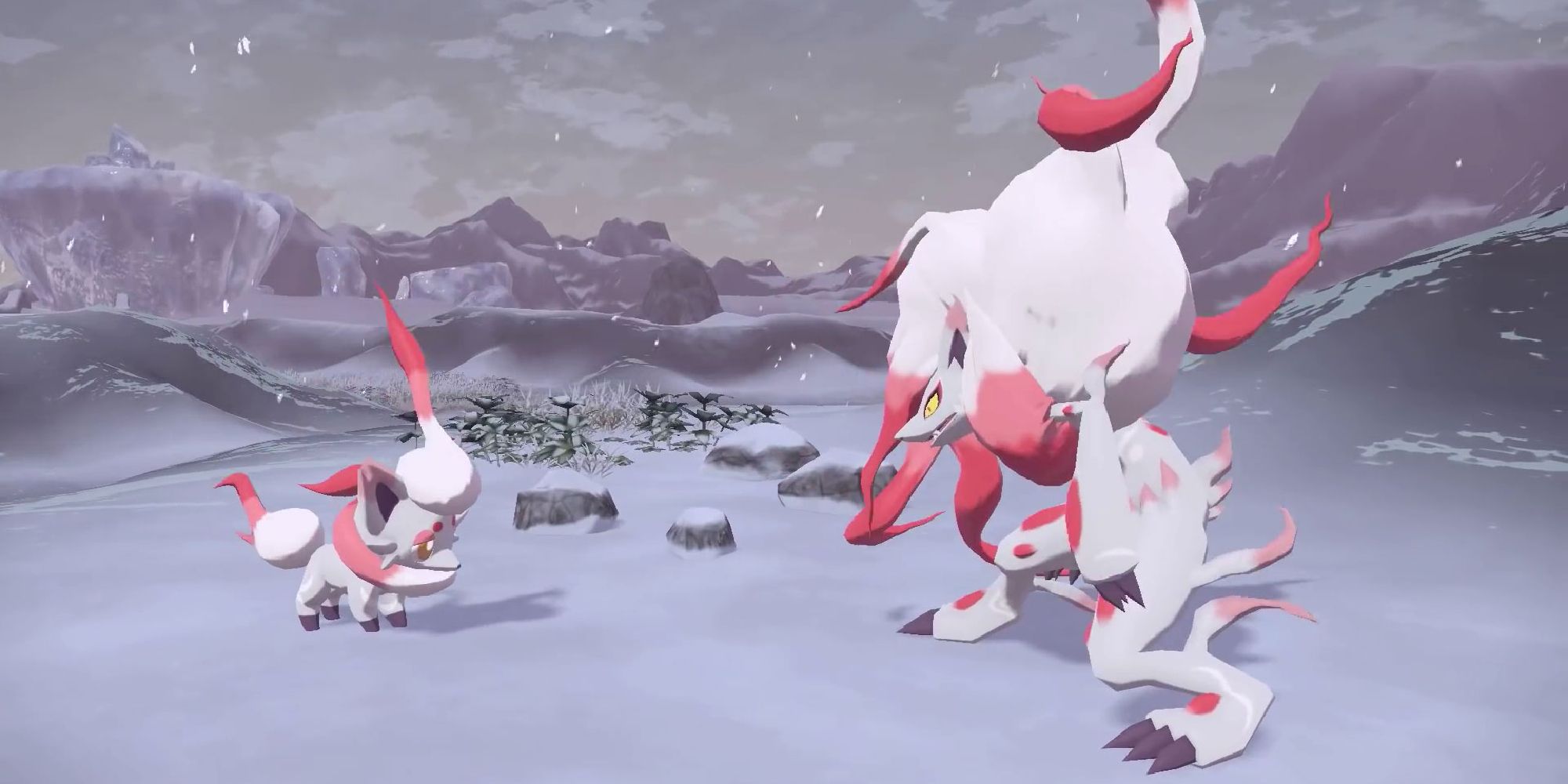 Hisuian Zoroark standing with a Hisuian Zorua in the snow in Pokemon Legends Arceus