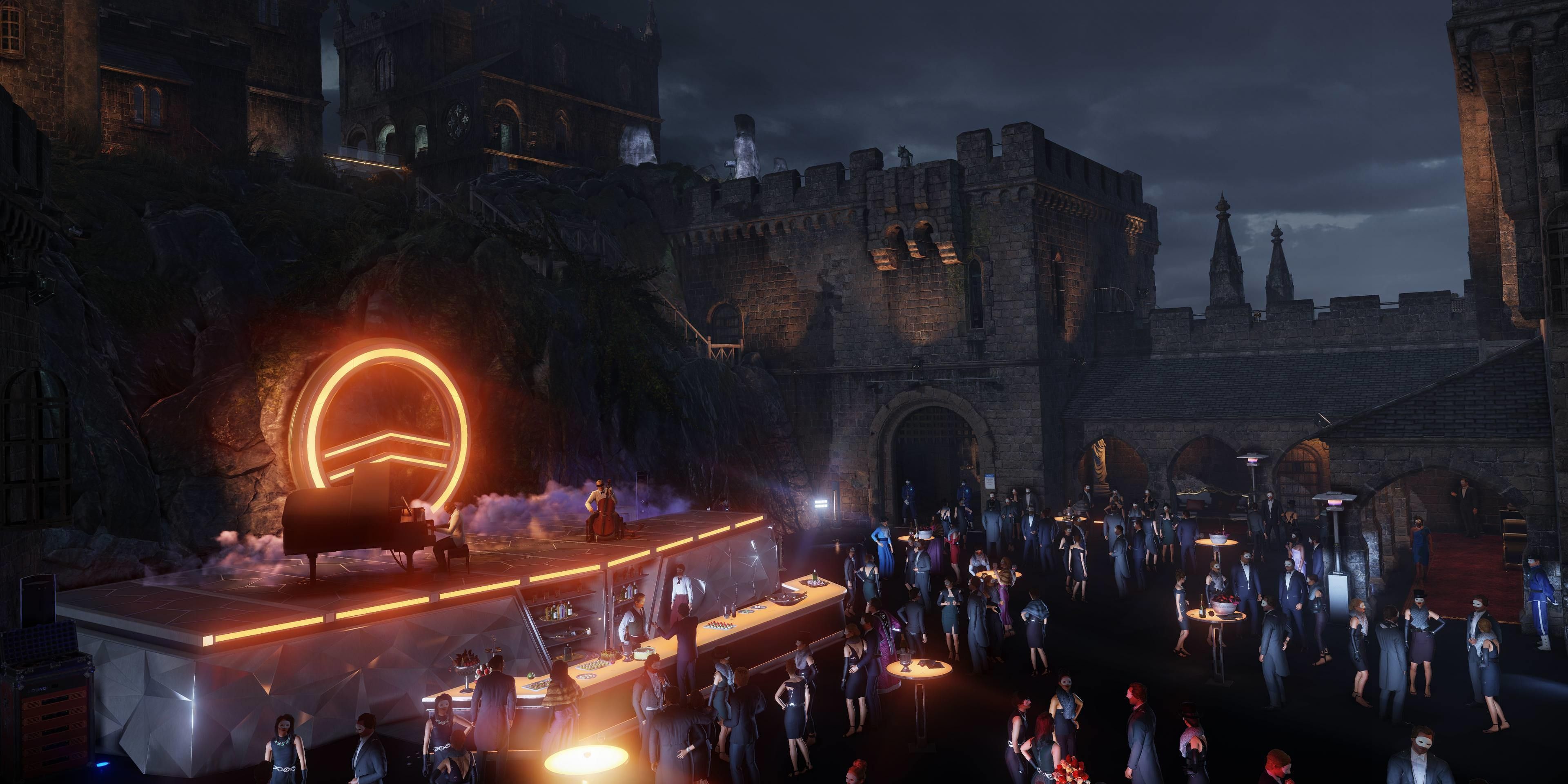 The concert stage on the Isle of Sgail from Hitman 2, with castle walls and towers behind