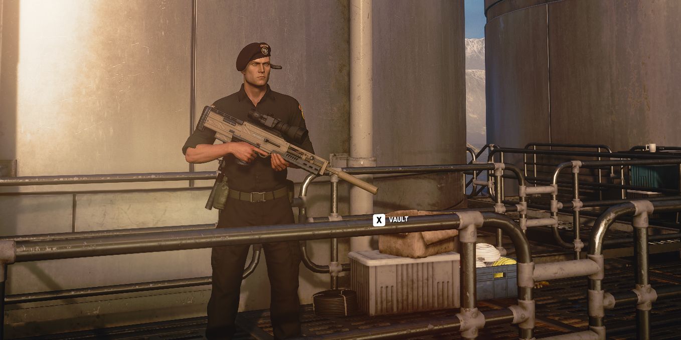 Agent 47 holding a Sieger 300 Tactical sniper rifle in Hitman 3, dressed as a guard