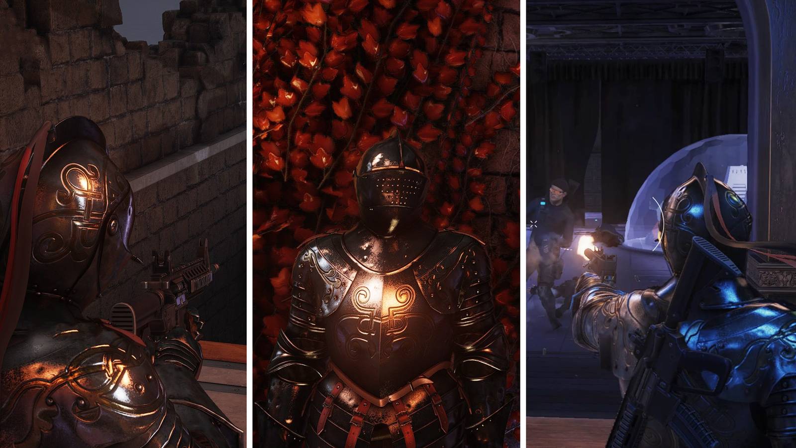 Composite image of a suit of armor from Hitman 2's Isle of Sgail level. The knight shoots guns in two pictures