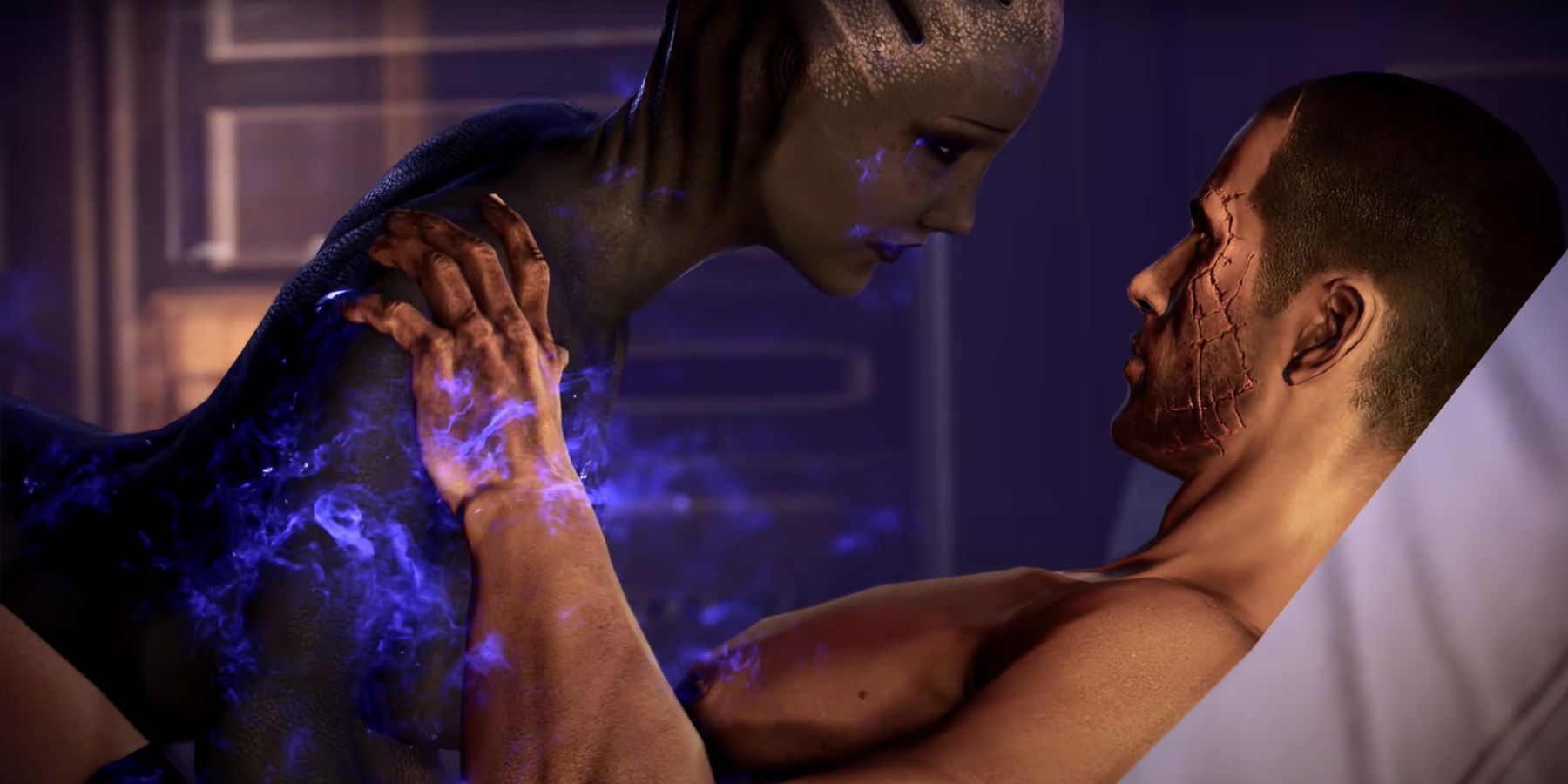 Renegade Male Shepard and Liara in bed on the Normandy