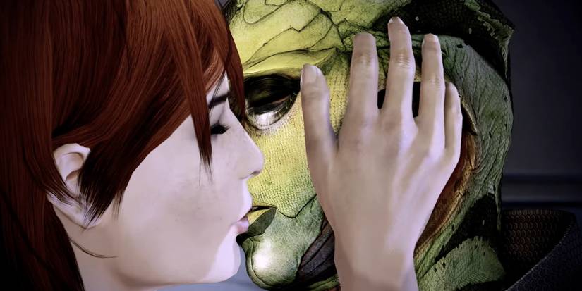 Thane and female Shepard kissing in Mass Effect 2
