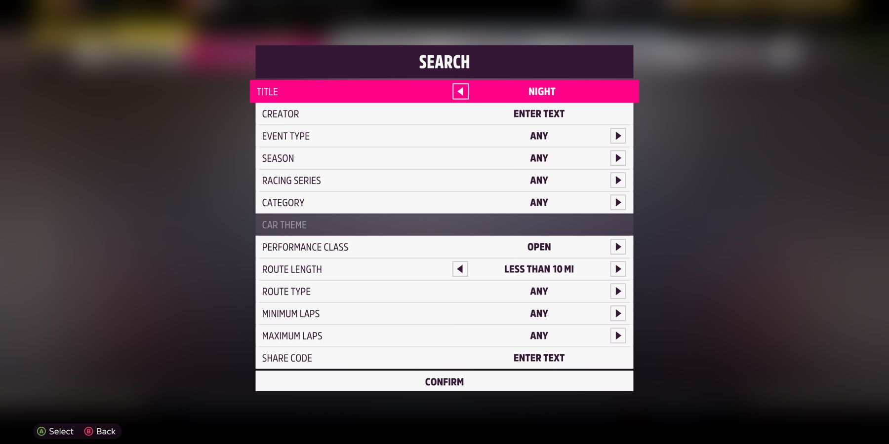 Forza Horizon 5 Event Lab search options