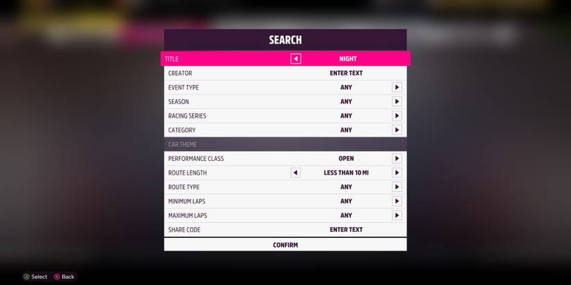Forza Horizon 5 Event Lab search options