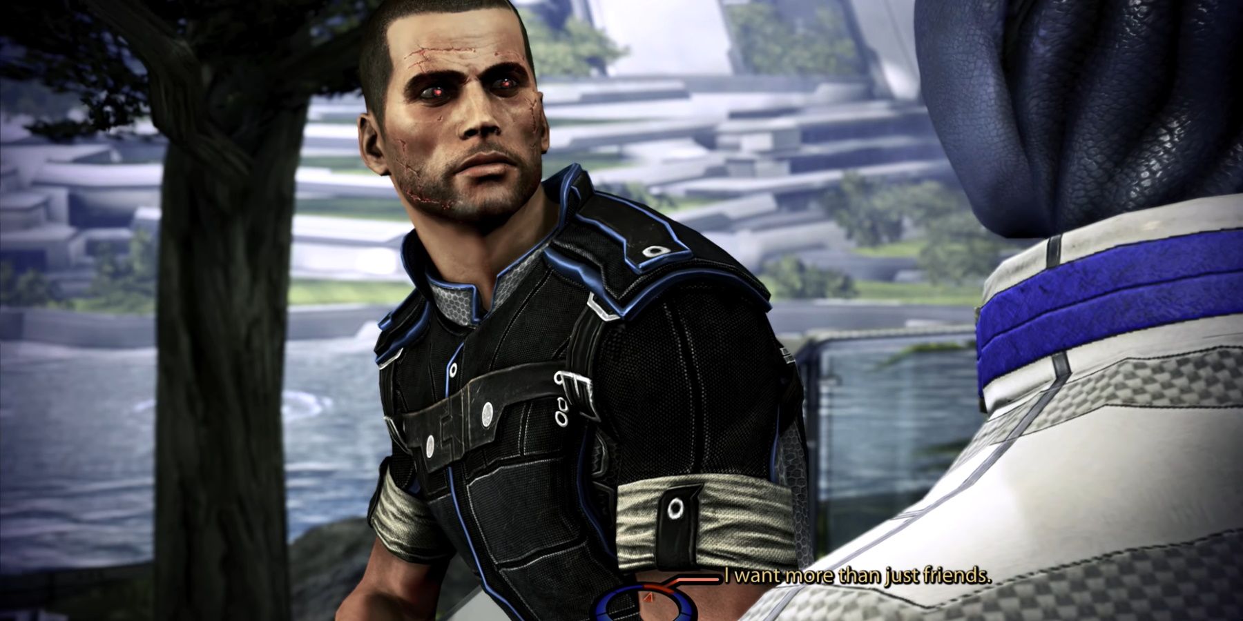 Renegade Male Shepard speaking with Liara in Mass Effect 3