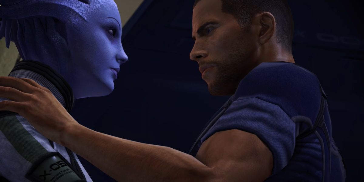 Liara and Male Shepard in Normandy about to kiss Mass Effect 1
