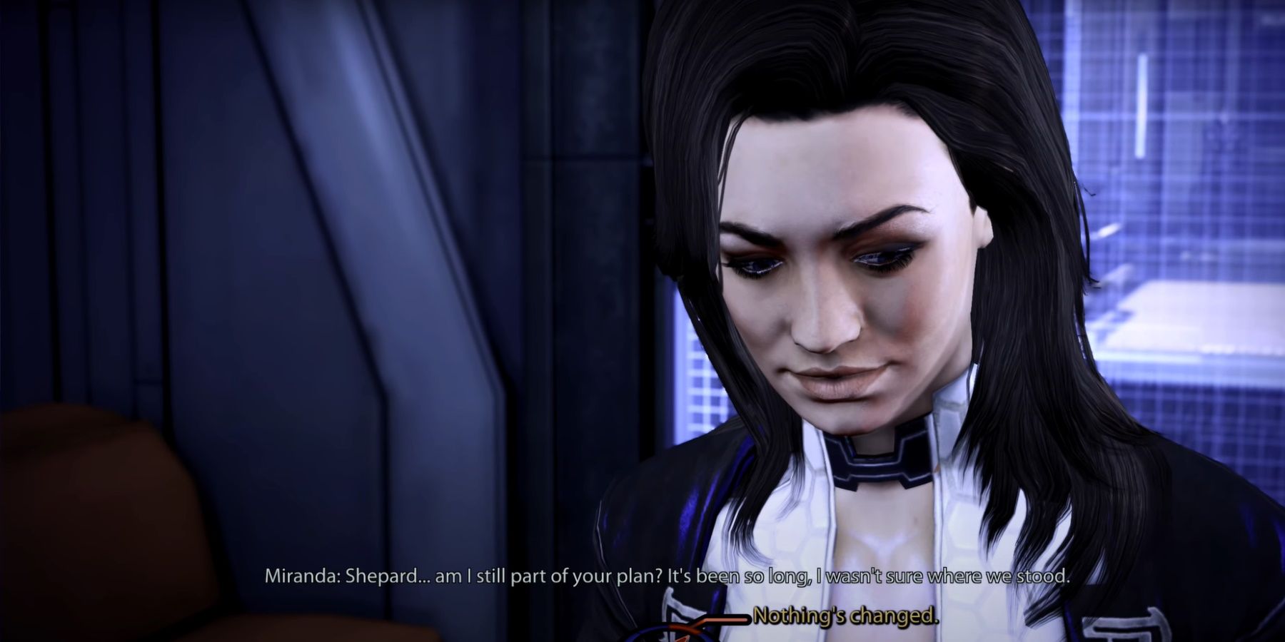 Male Shepard speaking with Miranda on the Citadel in Mass Effect 3