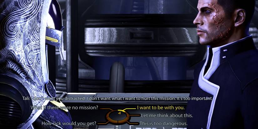 Tali and Male Renegade Shepard talking in Mass Effect 2