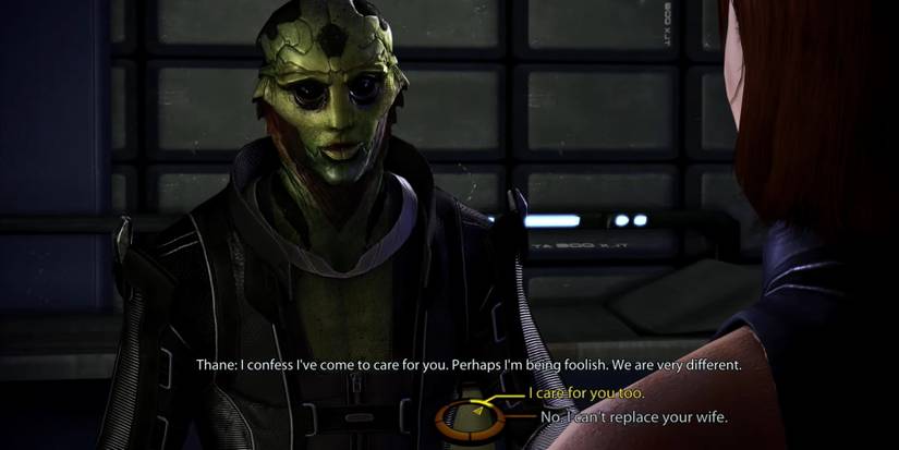 Thane talking with female Shepard on the Normandy in Mass Effect 2