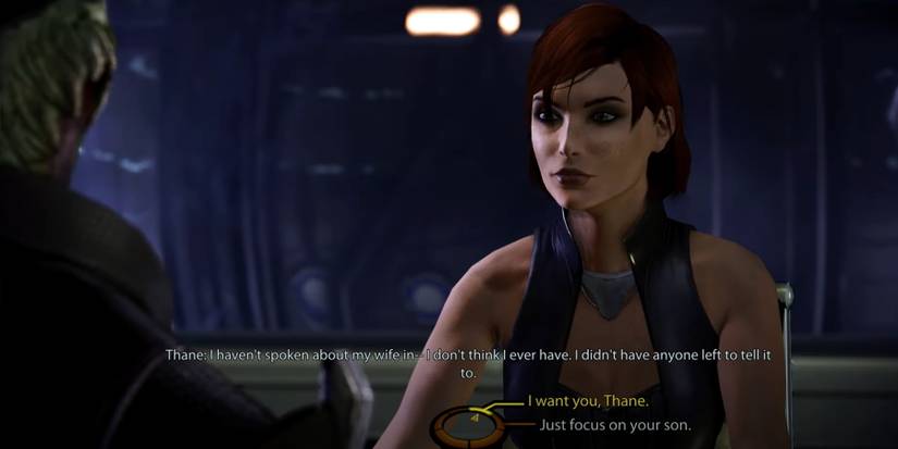 Female Shepard talking with Thane in Mass Effect 2