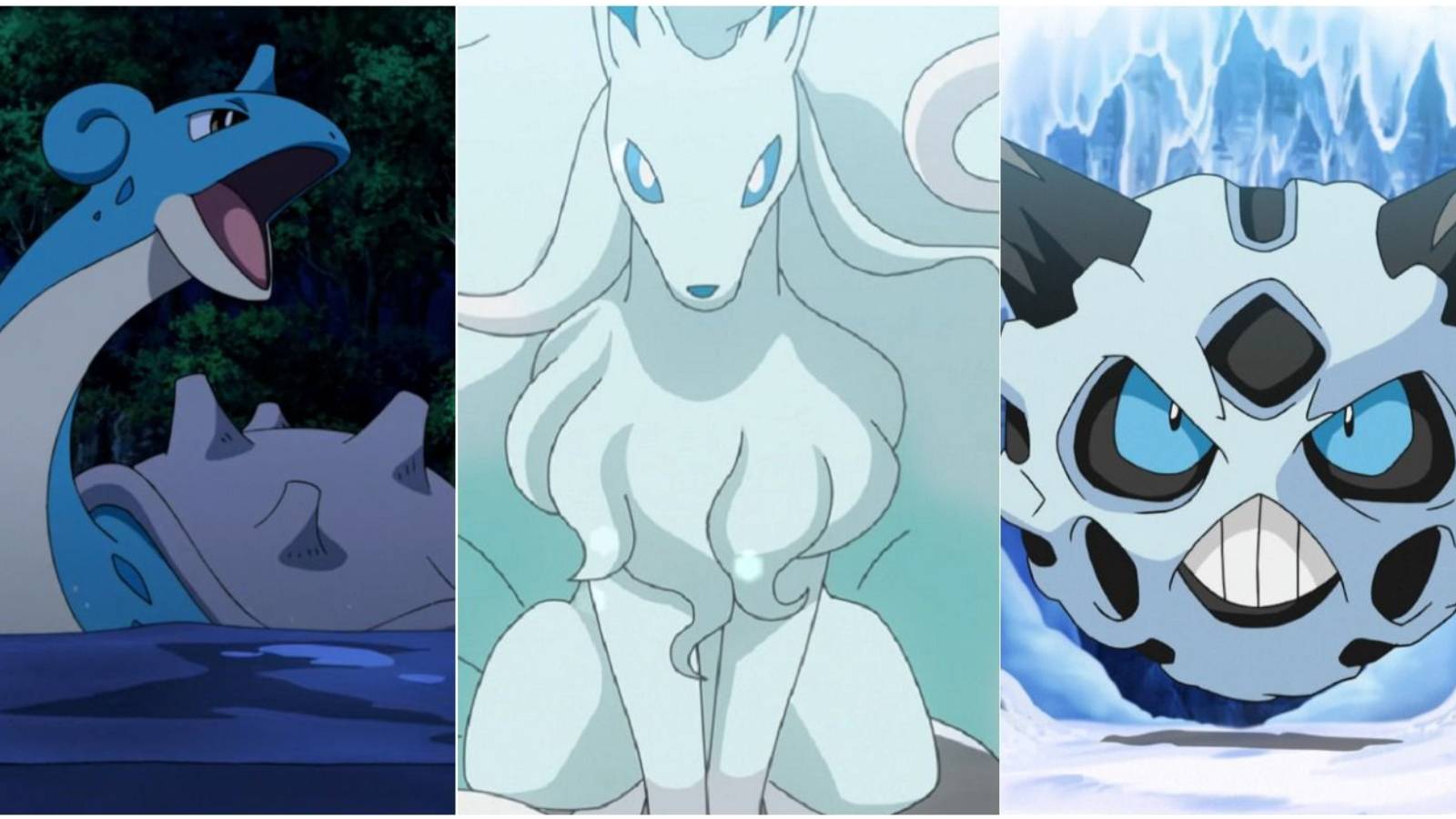 Pokemon Lapras, Alolan Ninetales, and Glalie face forward