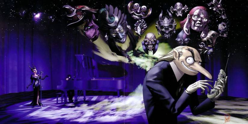 Art from Persona's original Velvet Room, featuring Igor, Nameless, and Belladonna