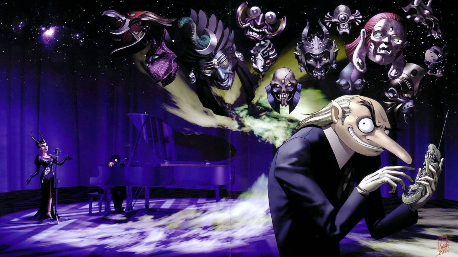 Art from Persona's original Velvet Room, featuring Igor, Nameless, and Belladonna