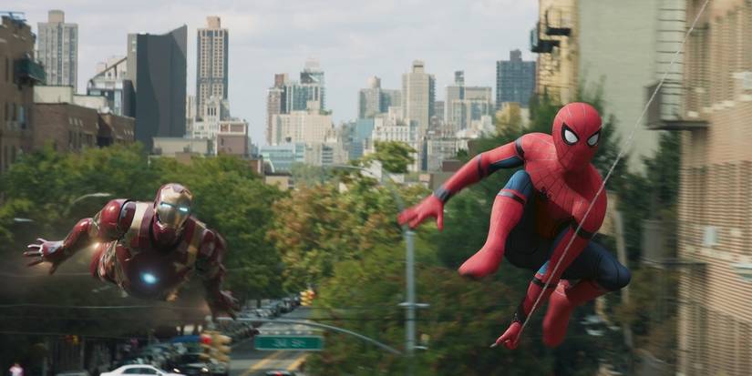 Iron Man and Spider-Man fly through New York in Spider-Man Homecoming