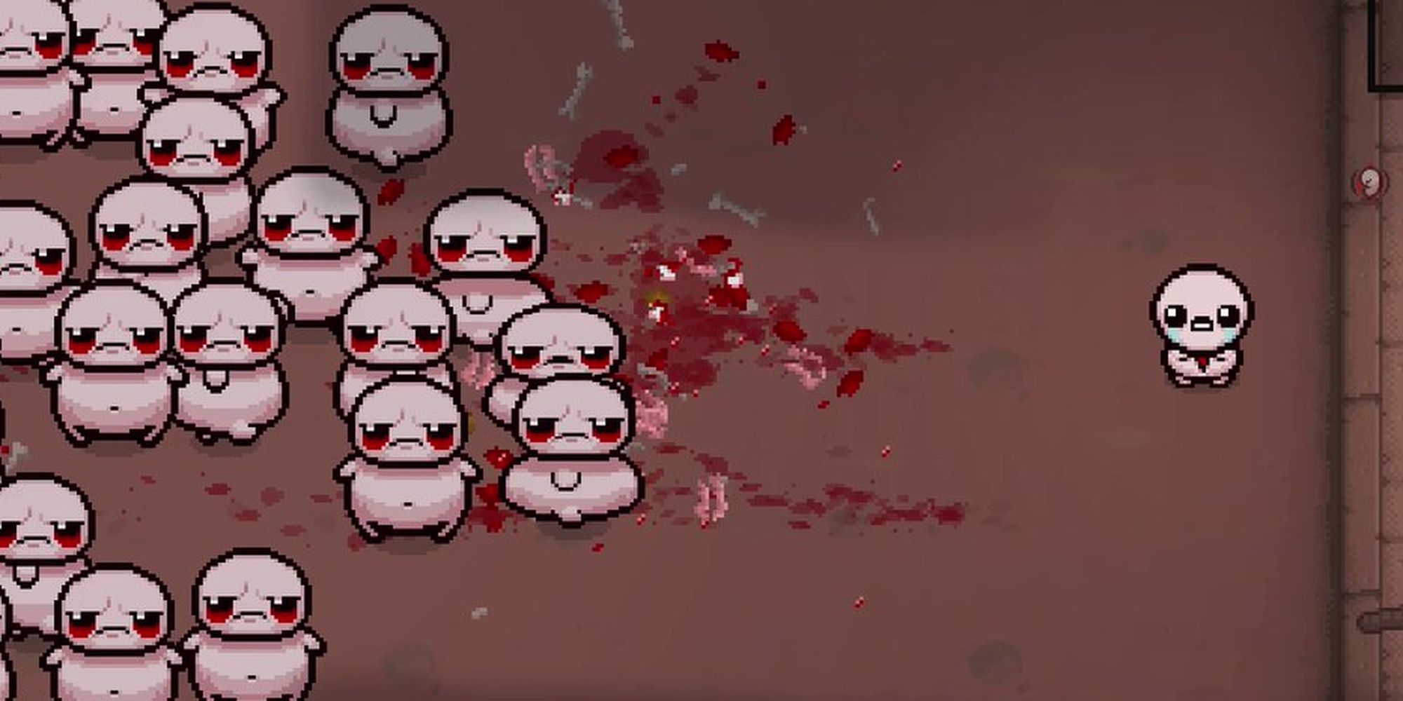 The Binding of Isaac: Repentance. Isaac stands alone on the right, and many large enemies are approaching him from the left.