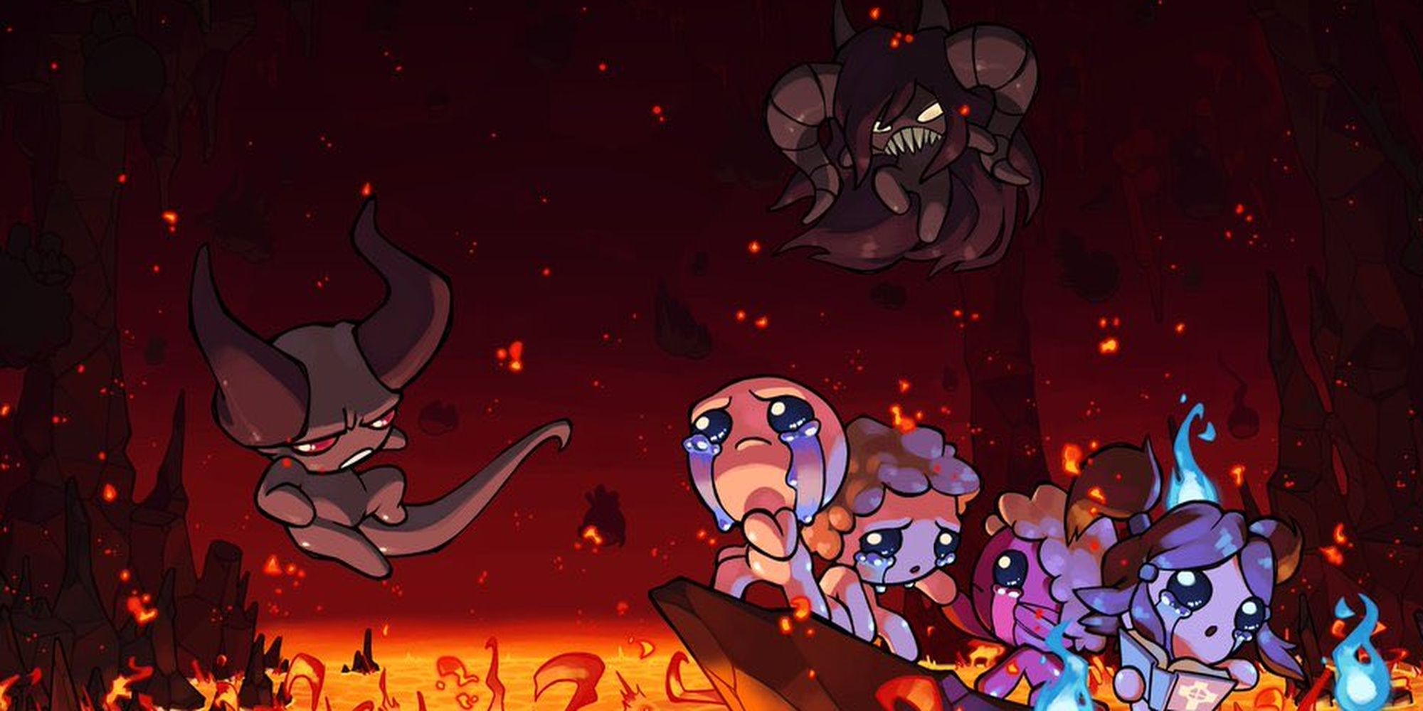 The Binding of Isaac: Repentance. Isaac stands at the edge of a cliff overlooking a lake of fire, defiantly facing a pair of hovering demons. The characters Jacob, Esau, and Bethany are grouped behind him.