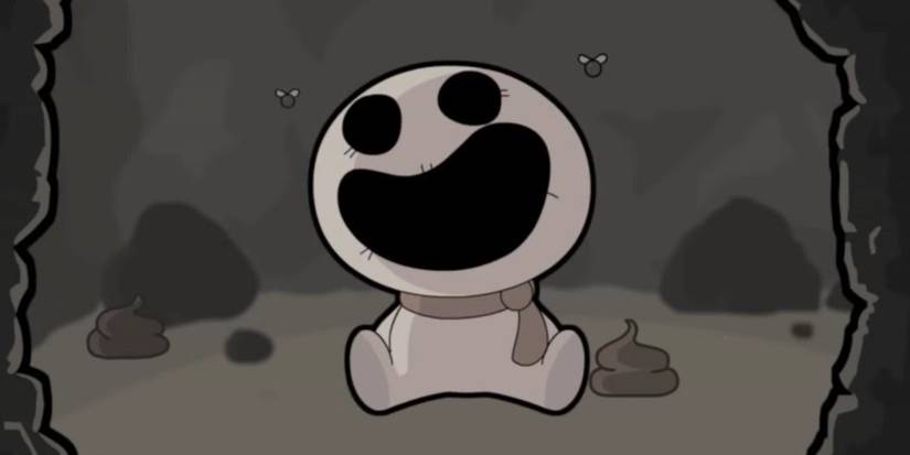 The Binding of Isaac: Repentance. The Keeper gives a big smile while flies buzz around its head. 